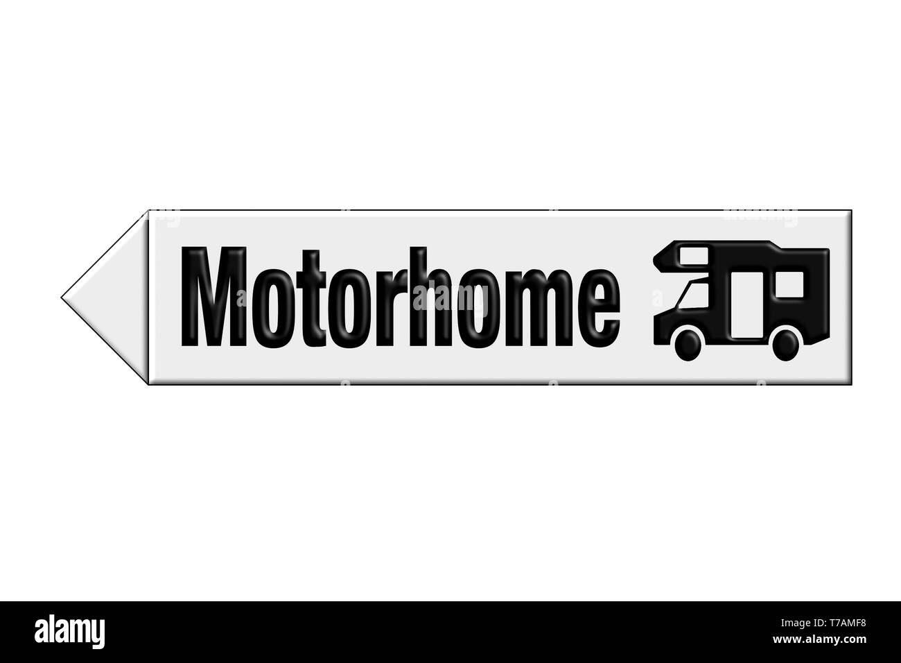 Schild mit Symbol eines Motors Home auf weißem Hintergrund und Richtungspfeil. Stockfoto