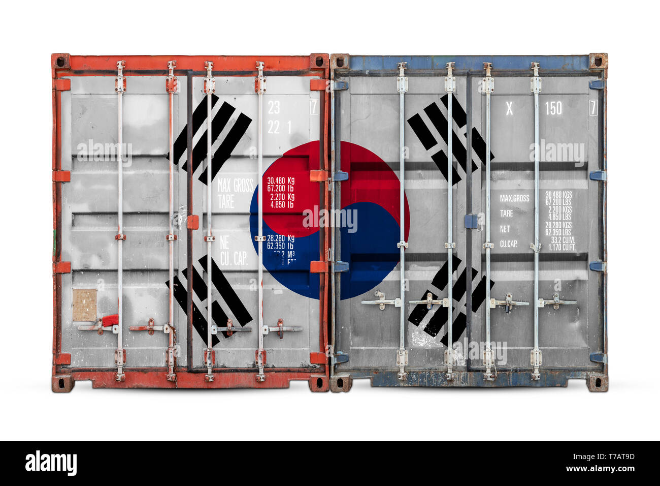 Das Konzept von Südkorea export-import und die Lieferung von Waren. Nahaufnahme der Container mit der Nationalflagge von Südkorea auf Weiß Stockfoto