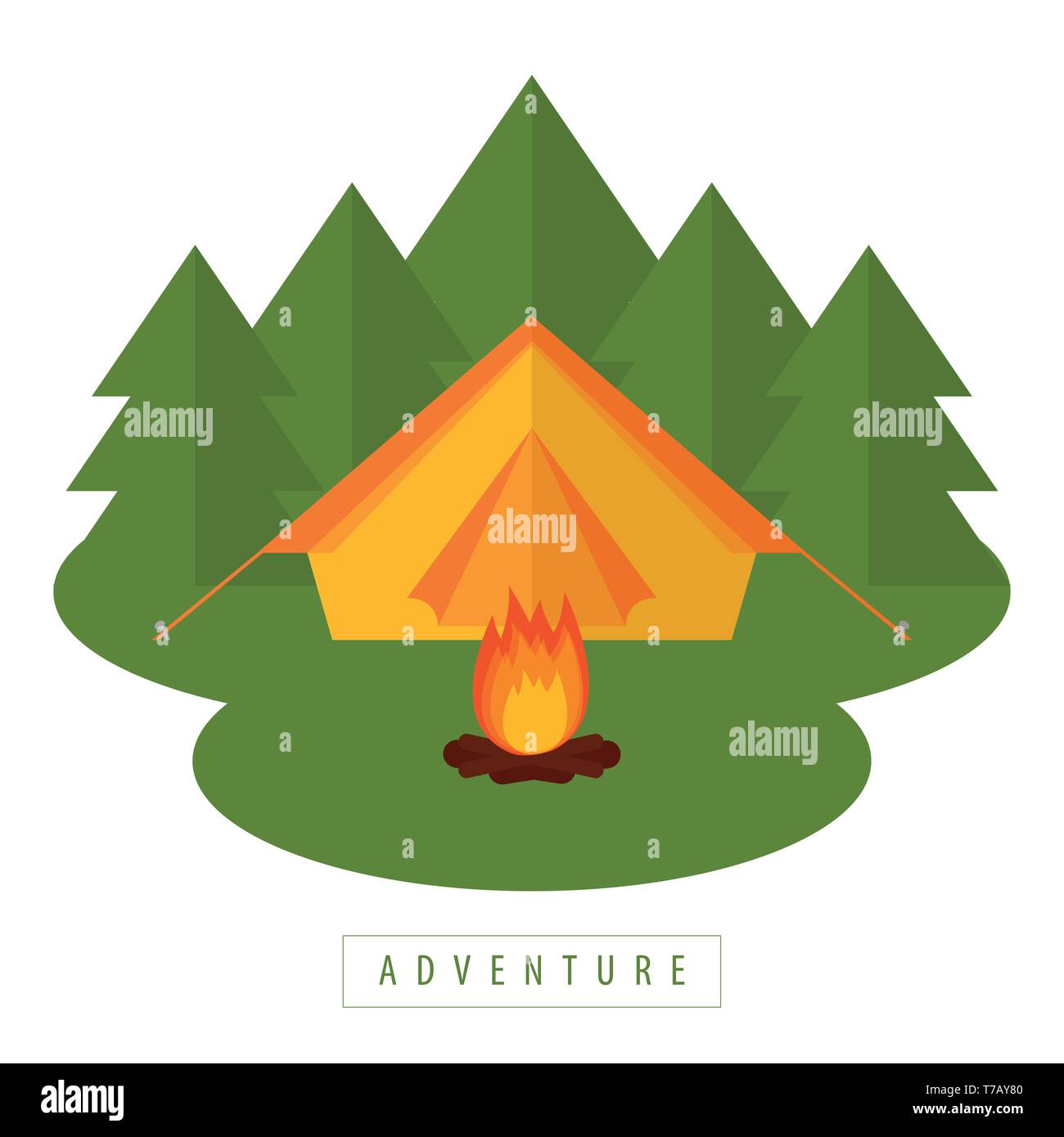 Camping Abenteuer Zelt im Wald mit Lagerfeuer Vektor-illustration EPS 10. Stock Vektor
