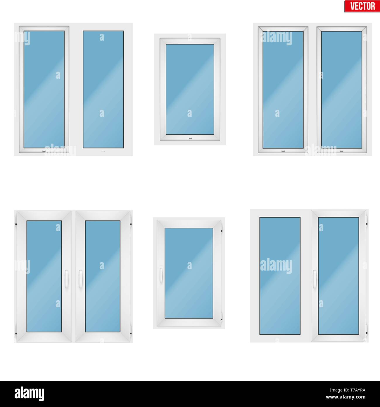 Set aus Metall Kunststoff PVC-Fenster. Indoor amd Blick von außen. Präsentation von Modellen und Rahmenmontage. Farbe weiß. Sample Vektor-illustration isol Stock Vektor