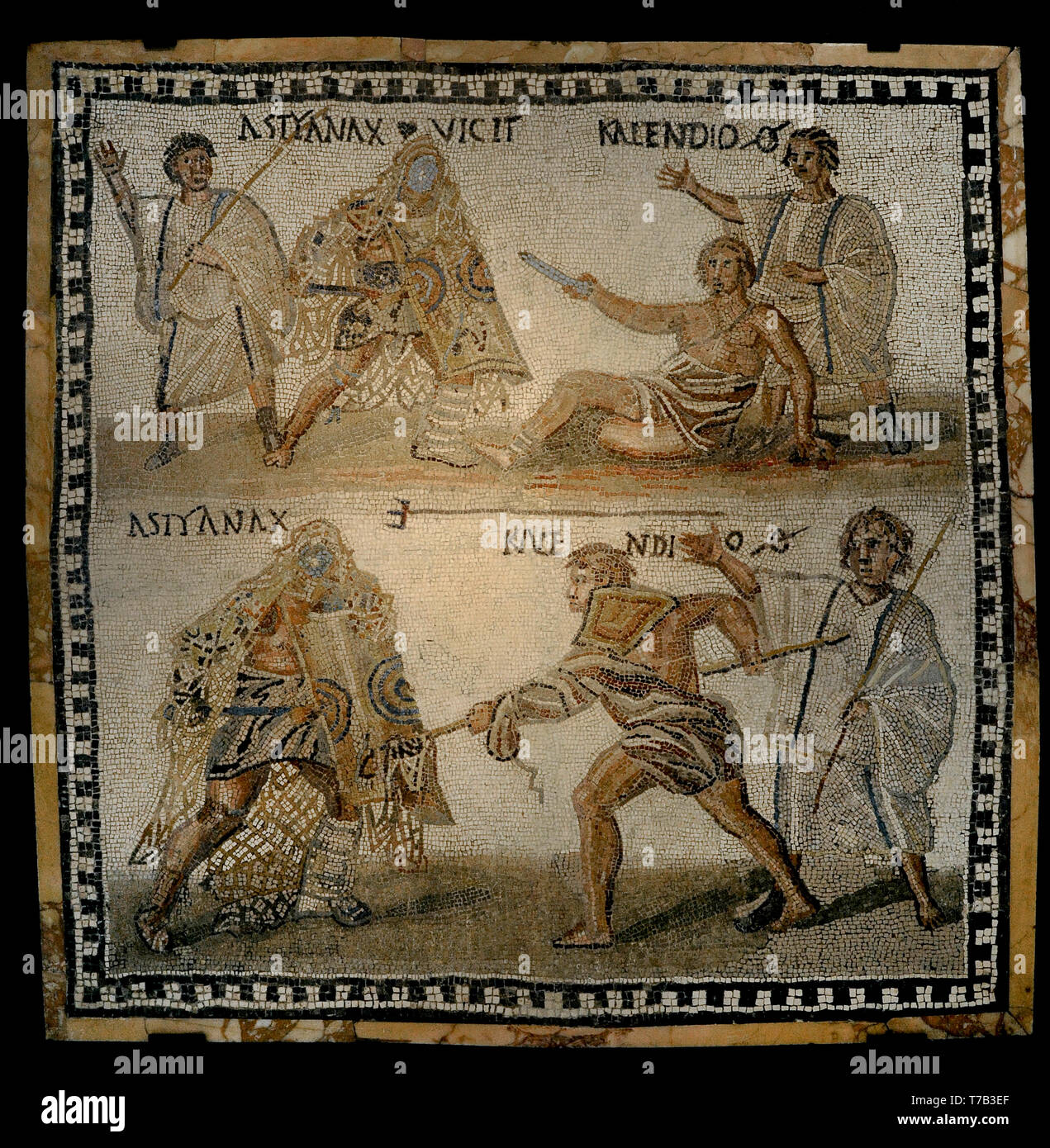 Römische Mosaik. Kalksteine. Secutor retiarius gegenüber. Darstellung der Mortal Combat zwischen der secutor retiarius Kalendio Astyanax und die. Der Gladiator lanista (Trainer) ermutigt die bekämpfen. Astyanax war der Sieger (die Inschrift VICIT erscheint neben dem ASTYANAX). 3. Jahrhundert n. Aus Rom (Italien). Nationalen Archäologischen Museum. Madrid. Spanien. Stockfoto