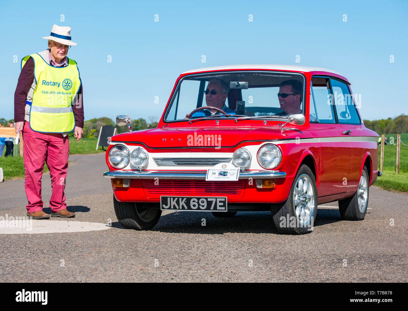 Classic Vintage 1970 Triumph Herald convertible anreisen Archerfield Immobilien, North Berwick Rotary Club Oldtimer Tour 2019, East Lothian, Schottland Großbritannien Stockfoto