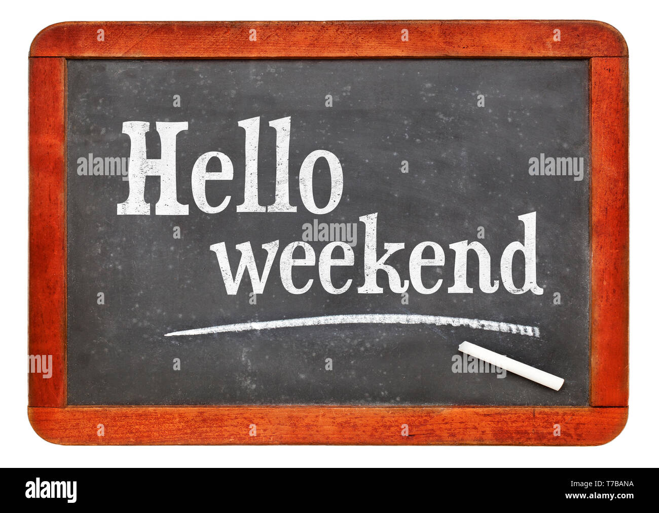 Hallo Wochenende - weißer Kreide Text auf einem Vintage schiefer Tafel Stockfoto