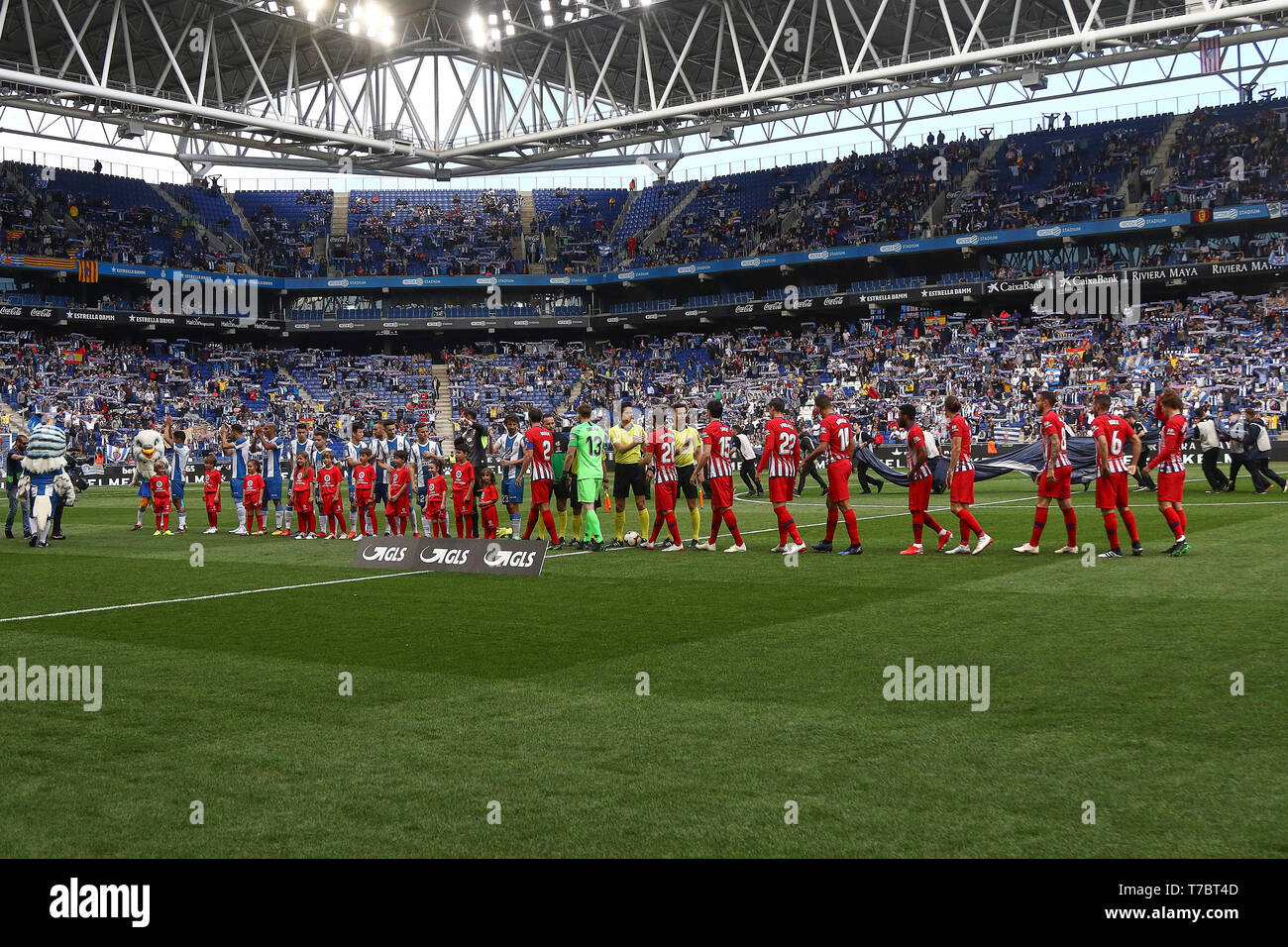 BARCELONA, 04-05-2019. LaLiga 2018 / 2019 Datum 36. Espanyol-Atletico. RCD Espanyol und Atletico de Madrid team Gruppen während des Spiels Espanyol-Atletico. Stockfoto