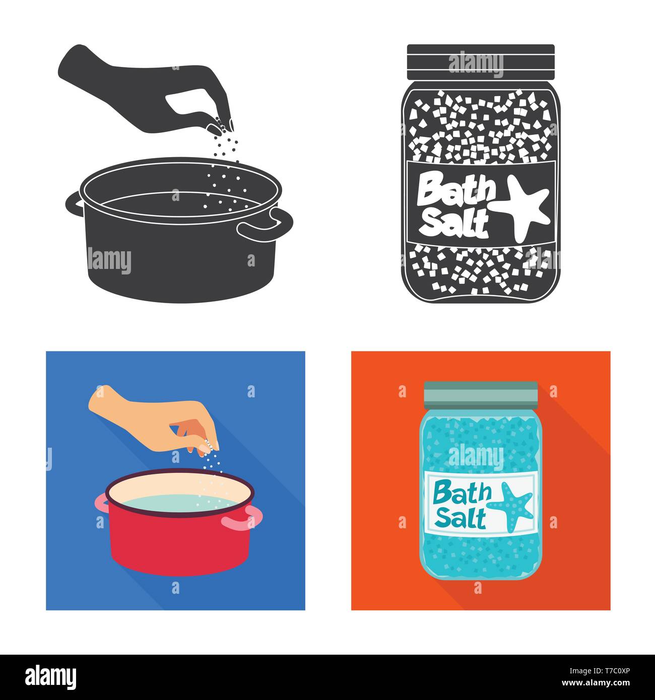Kasserolle, Flasche, Wasser, salzig, Badewanne, arm, Spa, Gewürze, Vintage, Streuen, Pulver, weiß, Mehl, Container, Reinigen, Kochen, Meer, Natur, Backen, Salz, Nahrungsmittel-, Natrium-, Mineral, Raw, Küche, Set, Vector, Icon, Illustration, isoliert, Sammlung, Design, Element, Grafik, Zeichen, Vektor, Vektoren, Stock Vektor