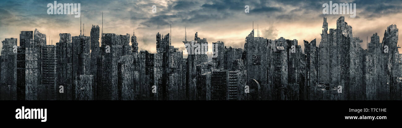 Dystopia Stadt Panorama/3D-Darstellung der futuristischen post-apokalyptischen Stadt Ruinen unter hellen Himmel Stockfoto