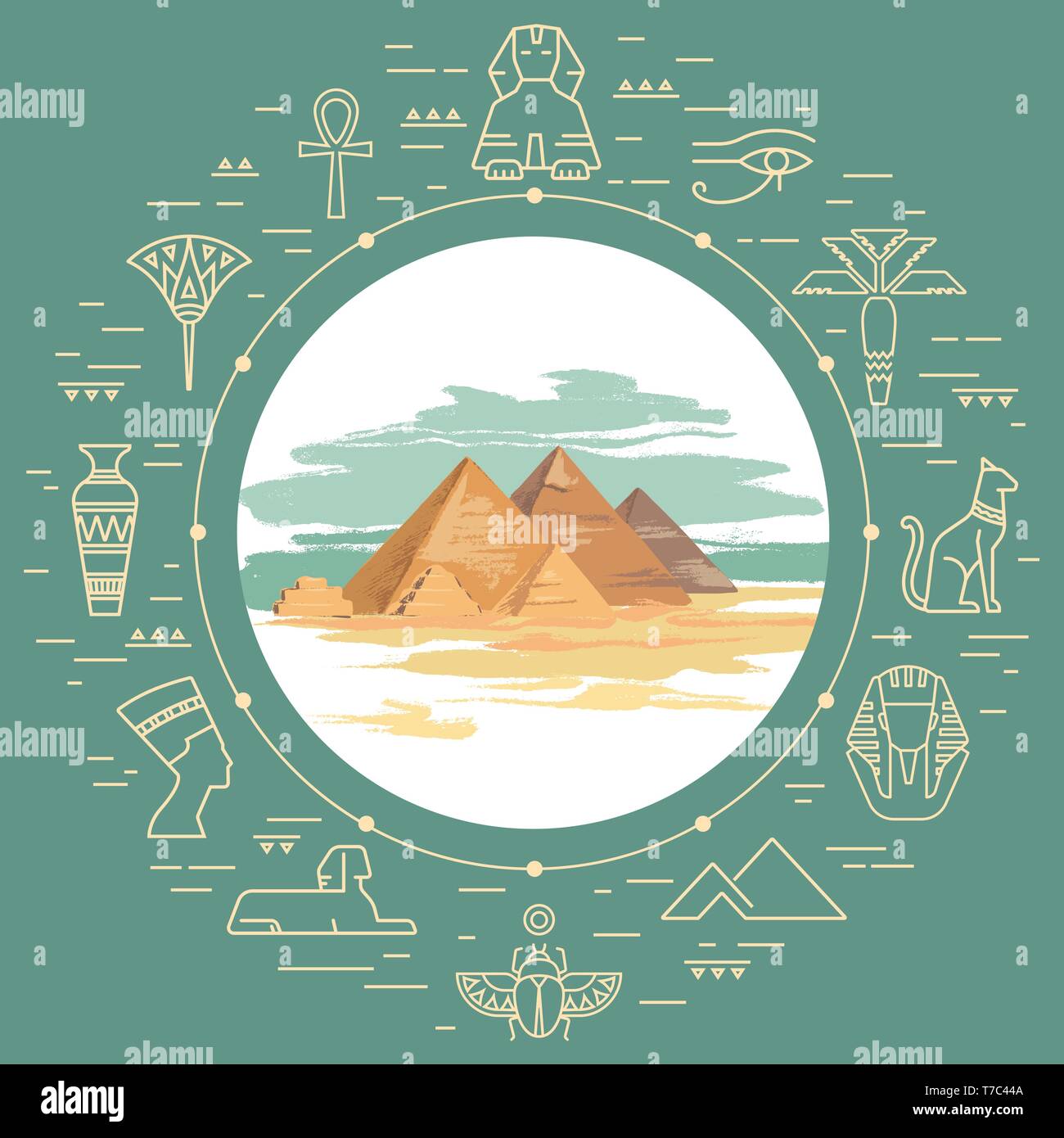Bunte vektor Illustration der Pyramide von Gizeh, Ägypten, von Hand gezeichnet und Wahrzeichen Symbole Stock Vektor