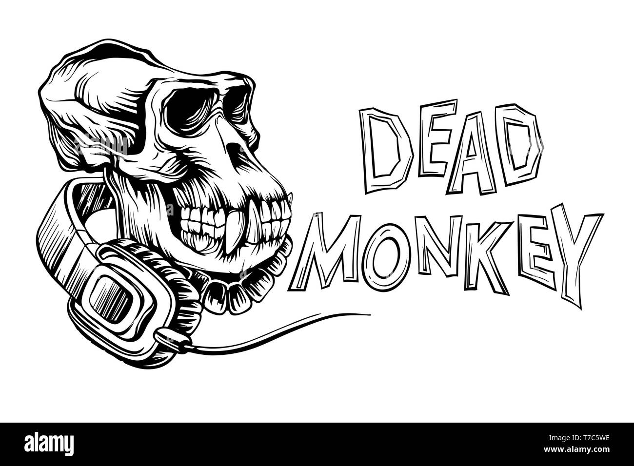 Dead monkey Skull mit Kopfhörern und Inschrift, auf weißem Hintergrund Stockfoto Dead monkey Skull mit Kopfhörern und Inschrift, auf weißem Hintergrund Stockfoto