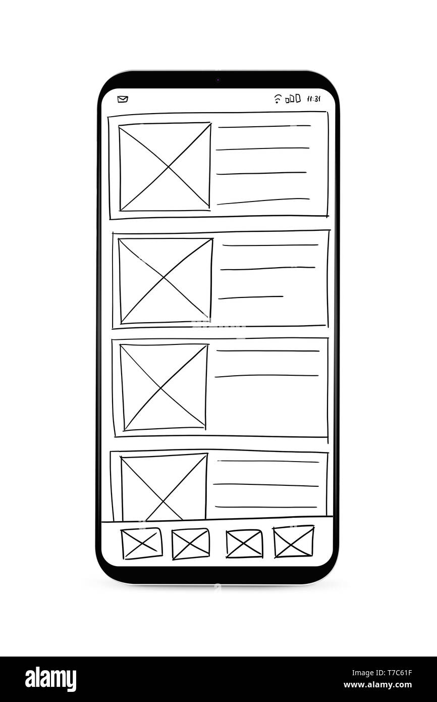 UI-Entwicklung. Isolierte Smartphone mit wireframed Benutzeroberfläche Bildschirm Prototyp einer mobilen Anwendung auf weißem Hintergrund. Stockfoto