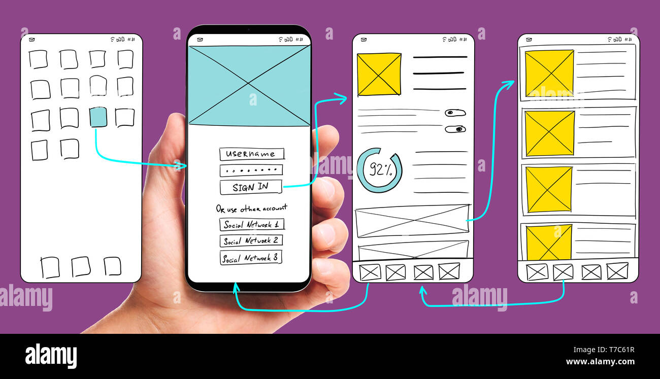UI-Entwicklung. Männliche hand Smartphone mit wireframed Benutzeroberfläche Bildschirm Prototypen einer mobilen Anwendung auf weißem Hintergrund. Stockfoto