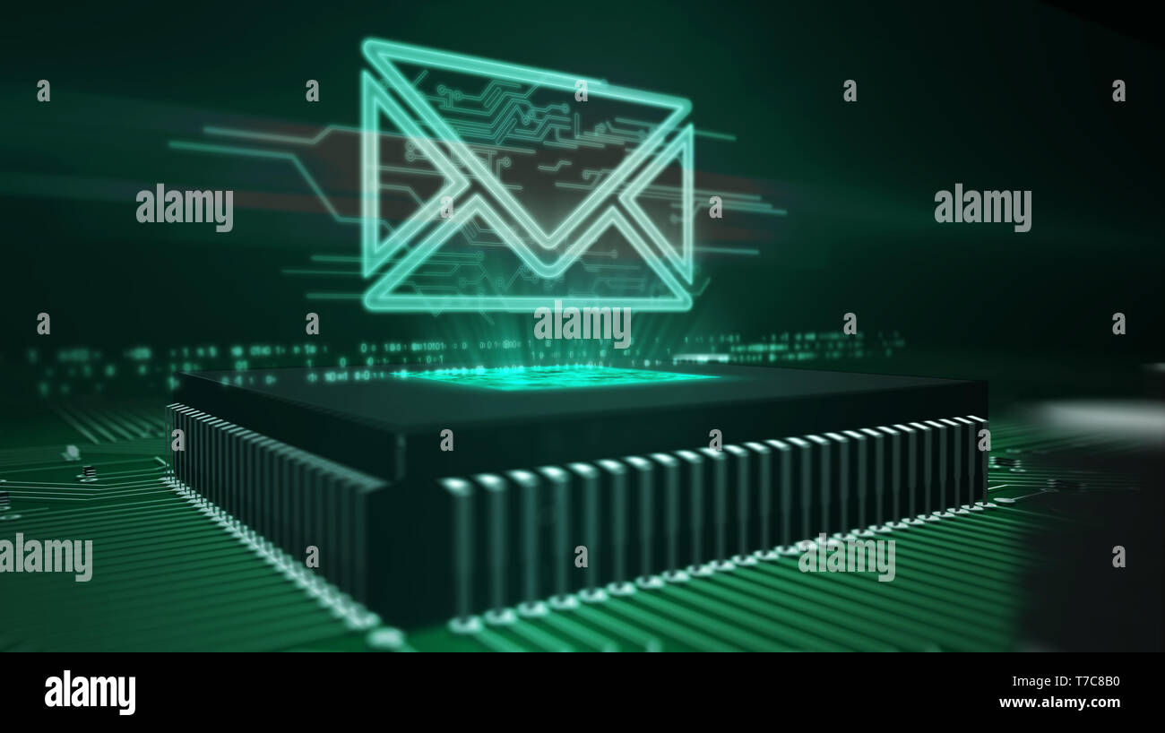 Internet-E-Mail- Kommunikation im Cyberspace mit Umschlag zeichen Hologramm über funktionierende cpu im Hintergrund. Korrespondenz Sicherheit und digitale Nachricht Symbo Stockfoto
