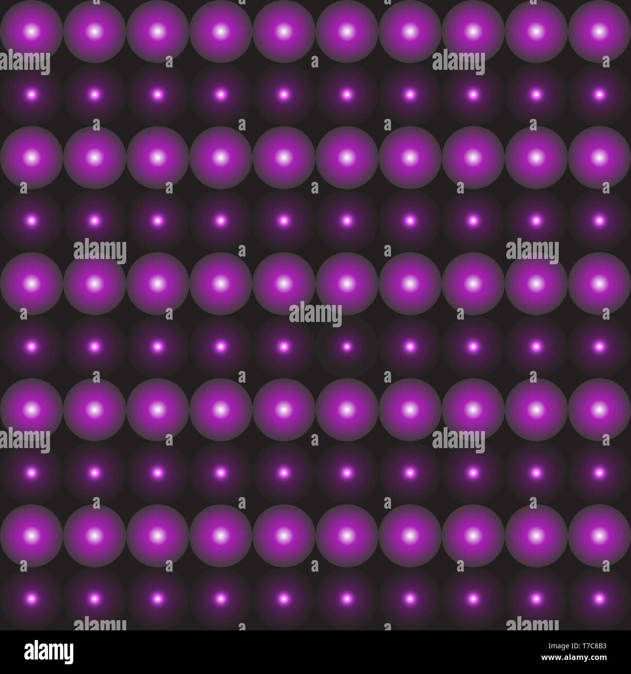 Abstract vector Pattern. Geometrische schwarzer Hintergrund mit sich wiederholenden Streifen von 3D lila Kugeln und magisches Licht. Halbton, Farbverläufe, Kugel formen. T Stock Vektor