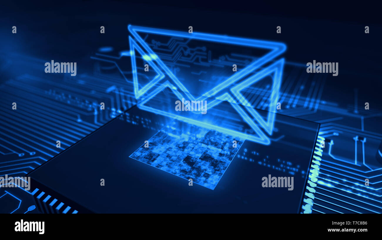 Internet-E-Mail- Kommunikation im Cyberspace mit Umschlag zeichen Hologramm über funktionierende cpu im Hintergrund. Korrespondenz Sicherheit und digitale Nachricht Symbo Stockfoto