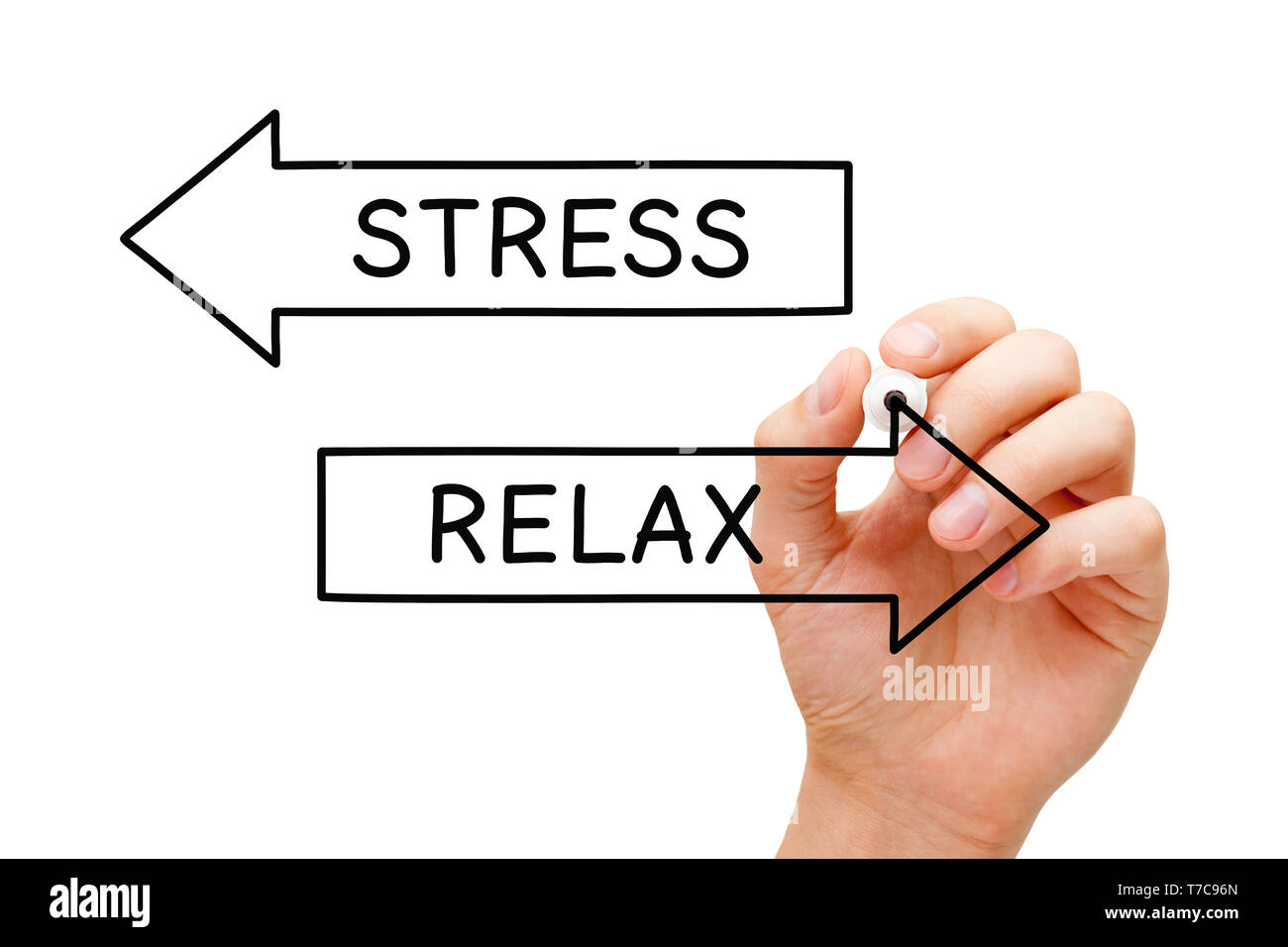 Hand schreiben Entspannen und Stress auf zwei Pfeile mit Marker auf Transparenten abwischen. Stress Management Konzept. Stockfoto