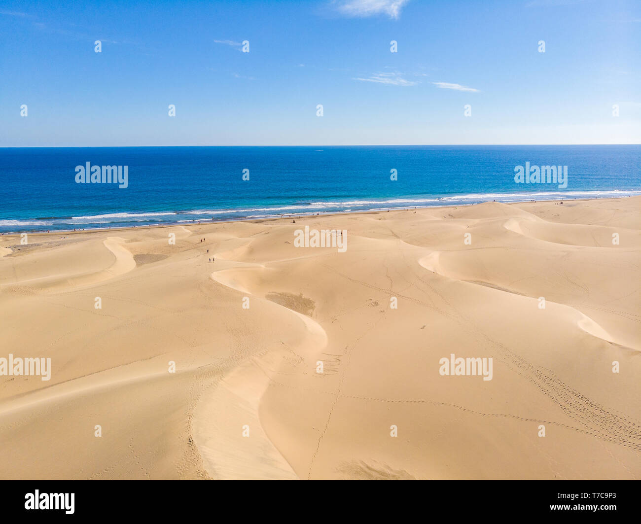 Luftaufnahme von Sanddünen in Gran Canaria mit schönen Küste und Strand, Kanarische Inseln, Spanien Stockfoto