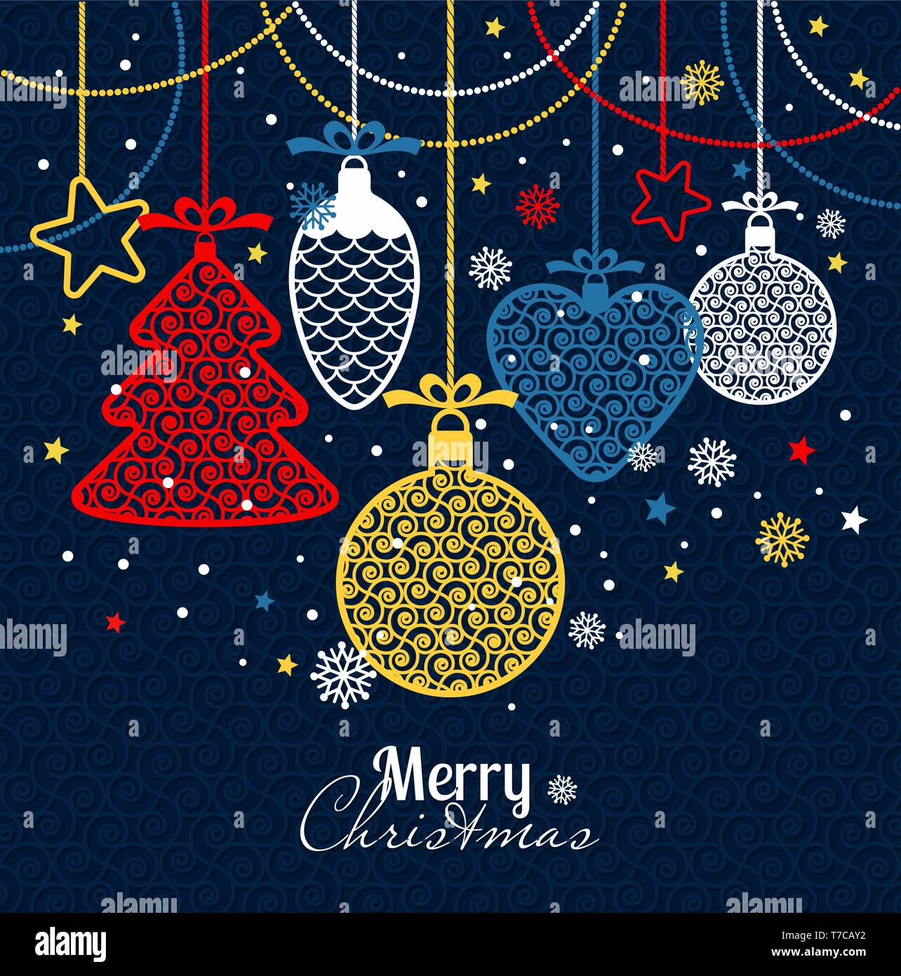 Silvester Grusskarten frohe Weihnachten. Helle neue Jahr Spielzeug auf einem blauen Hintergrund mit Schneeflocken. Stock Vektor