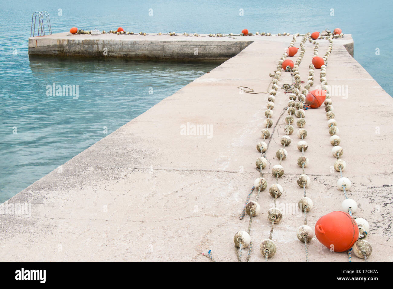 Bojen auf Seilen an der Küste pier gesäumt und bereit, in Meerwasser zu Beginn der Badesaison. Stockfoto