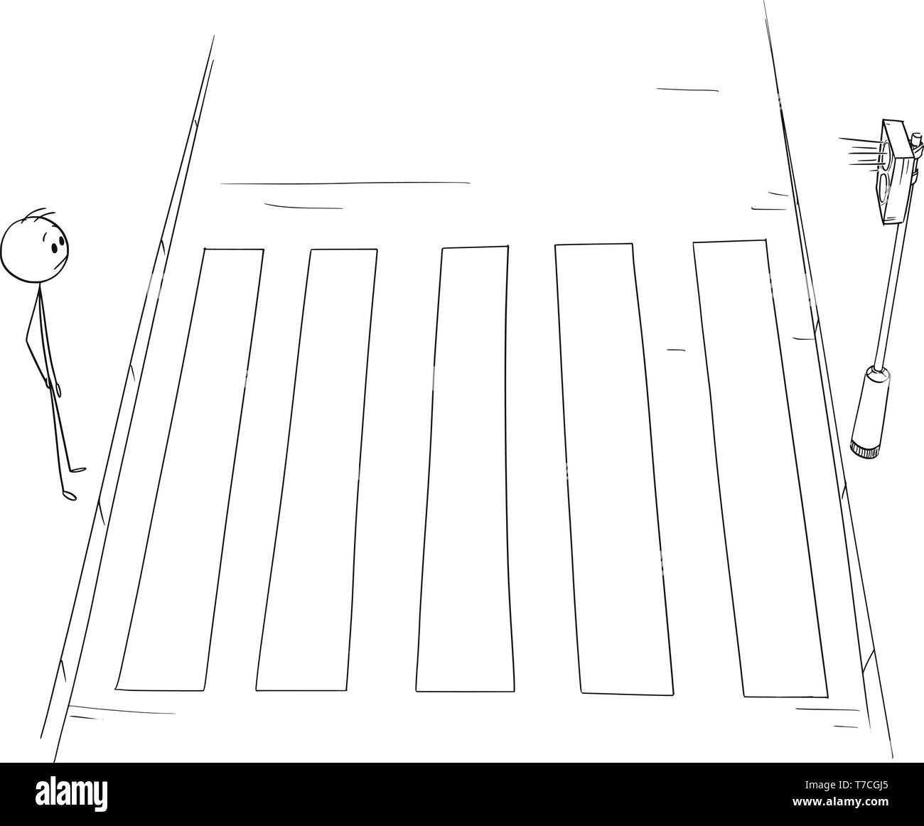 Vektor cartoon Strichmännchen Zeichnen konzeptionelle Darstellung des Menschen warten auf zebrastreifen oder fußgängerüberweg für grünes Licht auf Ampeln. Die rote Anzeige leuchtet. Luftaufnahme. Stock Vektor