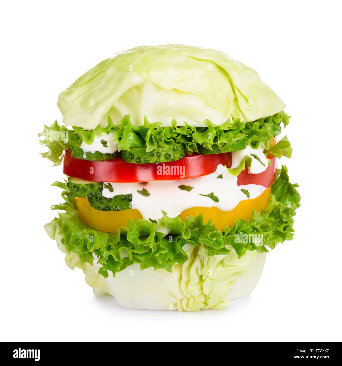 Große vegane Burger auf weißem Hintergrund. Reines organisches Gemüse hamburger Konzept. Stockfoto
