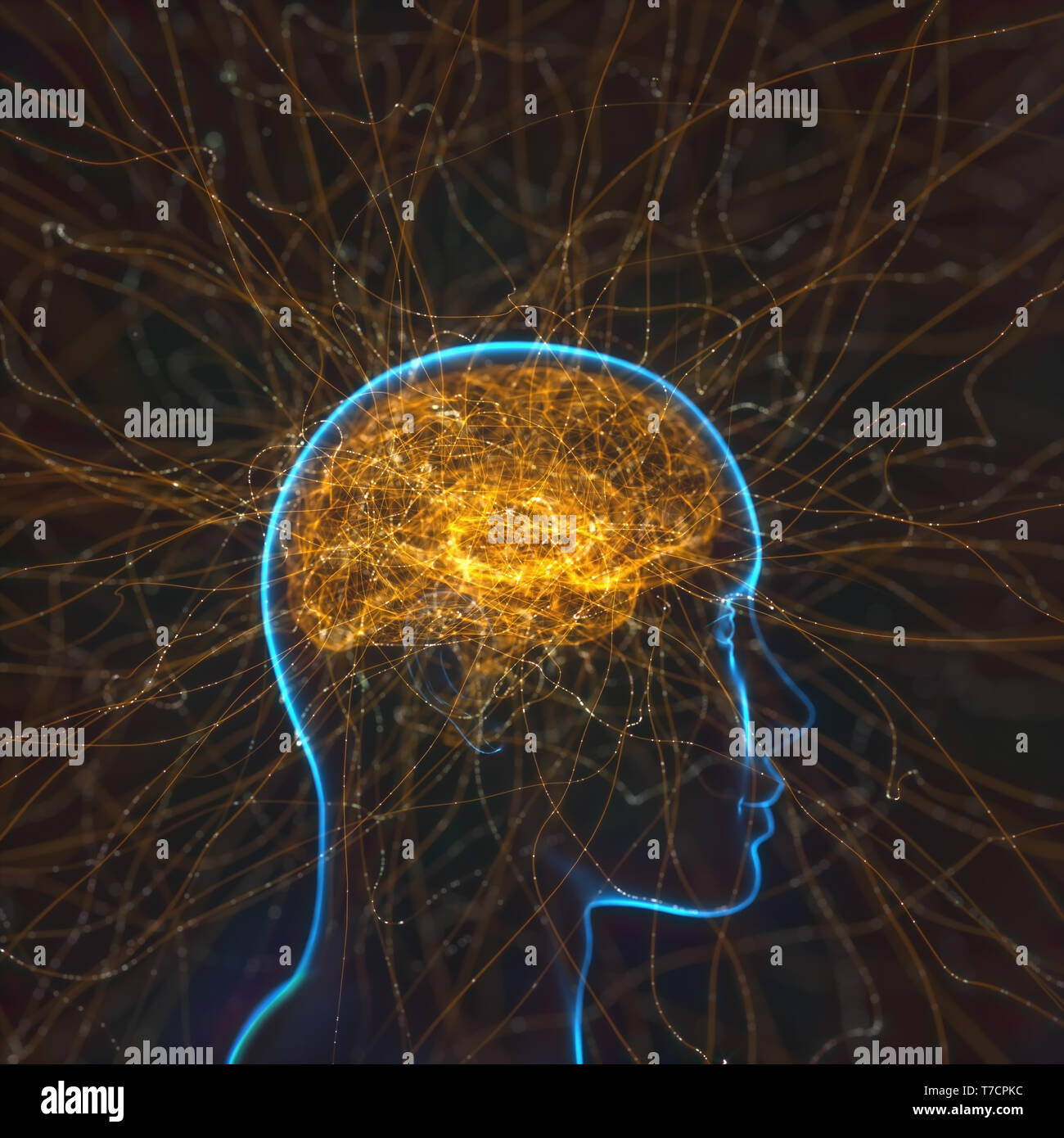 3D-Darstellung. Menschliche Gehirn im Konzept der neuronalen Verbindungen und elektrische Impulse. Stockfoto