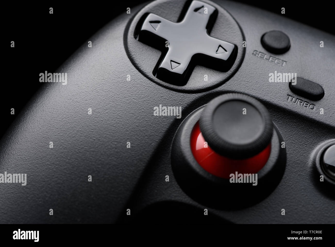 Joy stick Game pad Closeup auf schwarzem Hintergrund Stockfoto