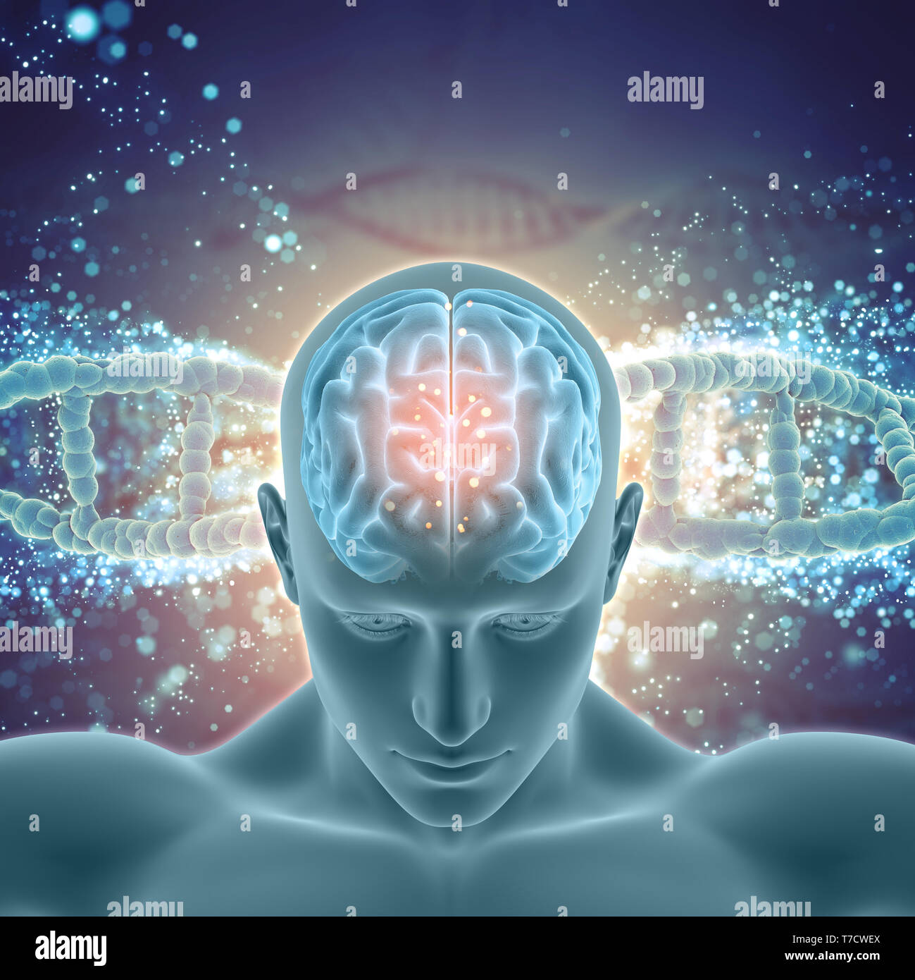 3D-Render von einem medizinischen Hintergrund mit männliche Figur mit Gehirn auf DNA-Stränge hervorgehoben Stockfoto