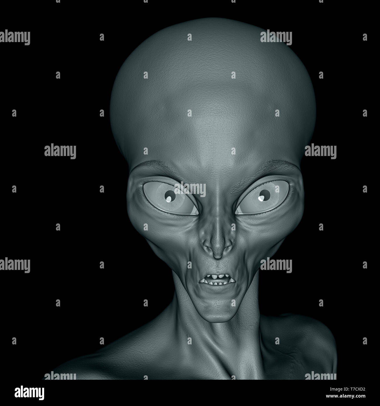 3D-Render von einem fremden Gesicht Nahaufnahme auf schwarzem Hintergrund Stockfoto