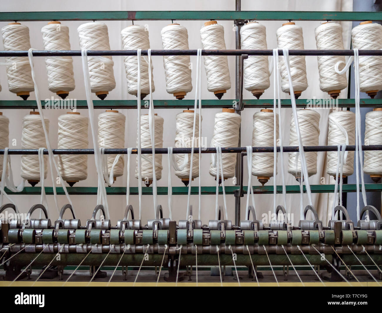 Reihe von Walzen mit Baumwolle Threads für die Verarbeitung auf der Baumwollspinnerei bereit Stockfoto