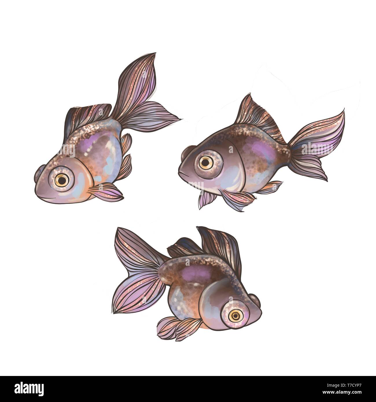 Eingestellt von Cartoon Goldfisch isoliert auf weißem Stockfoto