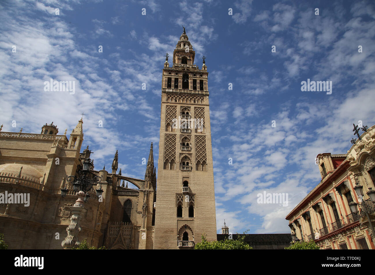Spanien. Andalusien. Sevilla. Die Giralda, alte Minarett der Großen Moschee. Almohaden Stil. 12. Jahrhundert. Die Kathedrale von Sevilla. Stockfoto