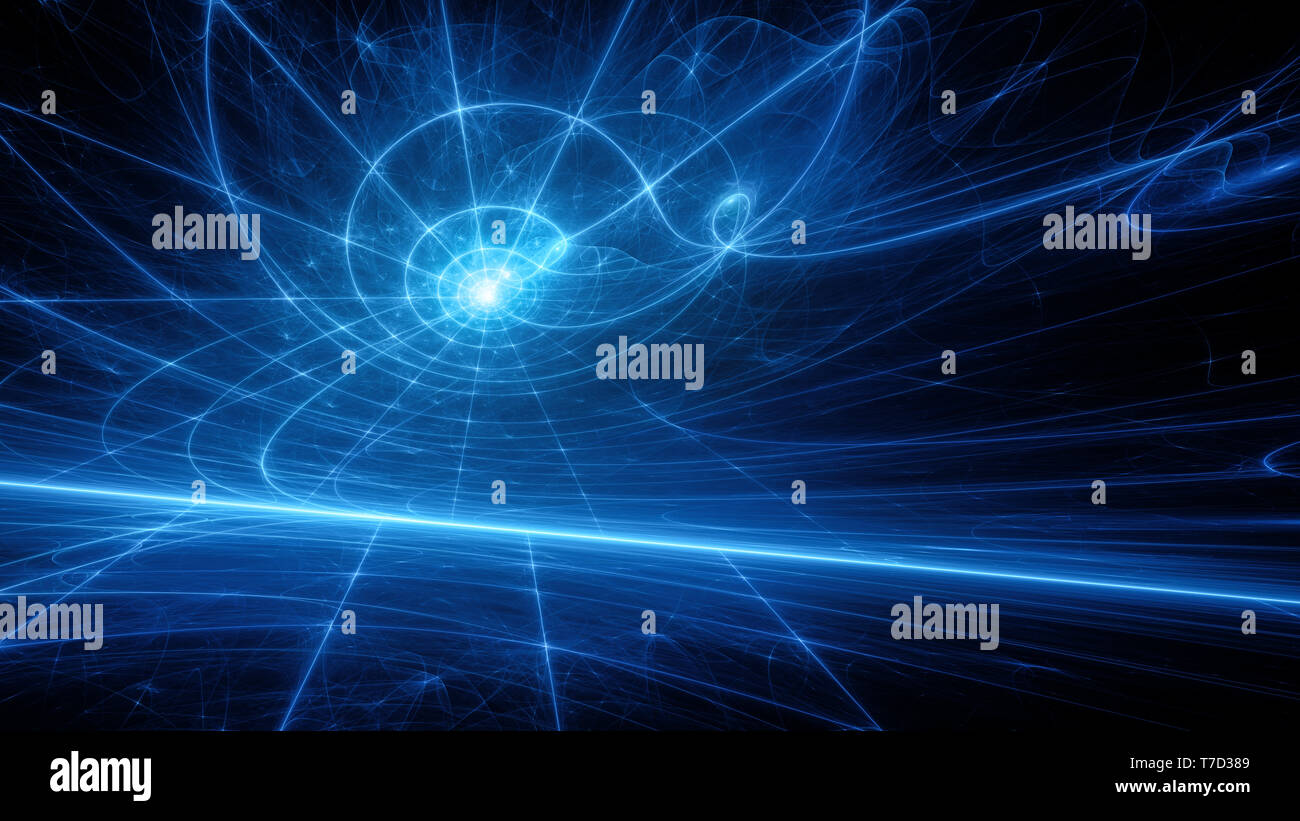 Blau leuchtende verrückt Trajektorien im Raum, Computer generiert abstrakte backbround, 3D-Rendering Stockfoto