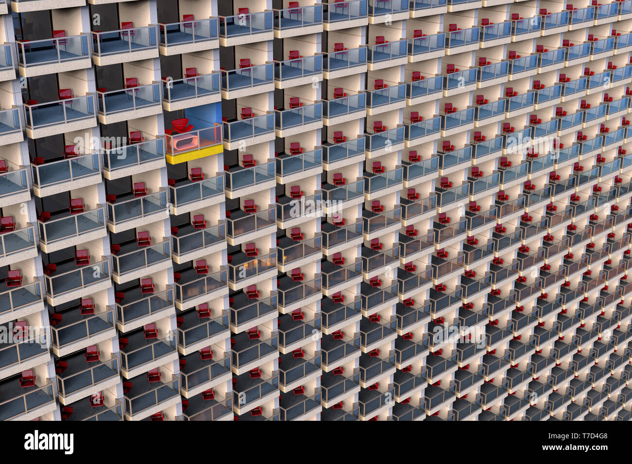 3D-Rendering von Uniformierten suchen Apartments in einer sehr großen und überfüllten Wohnung Gebäude mit einer individuell unterschiedlichen Stockfoto