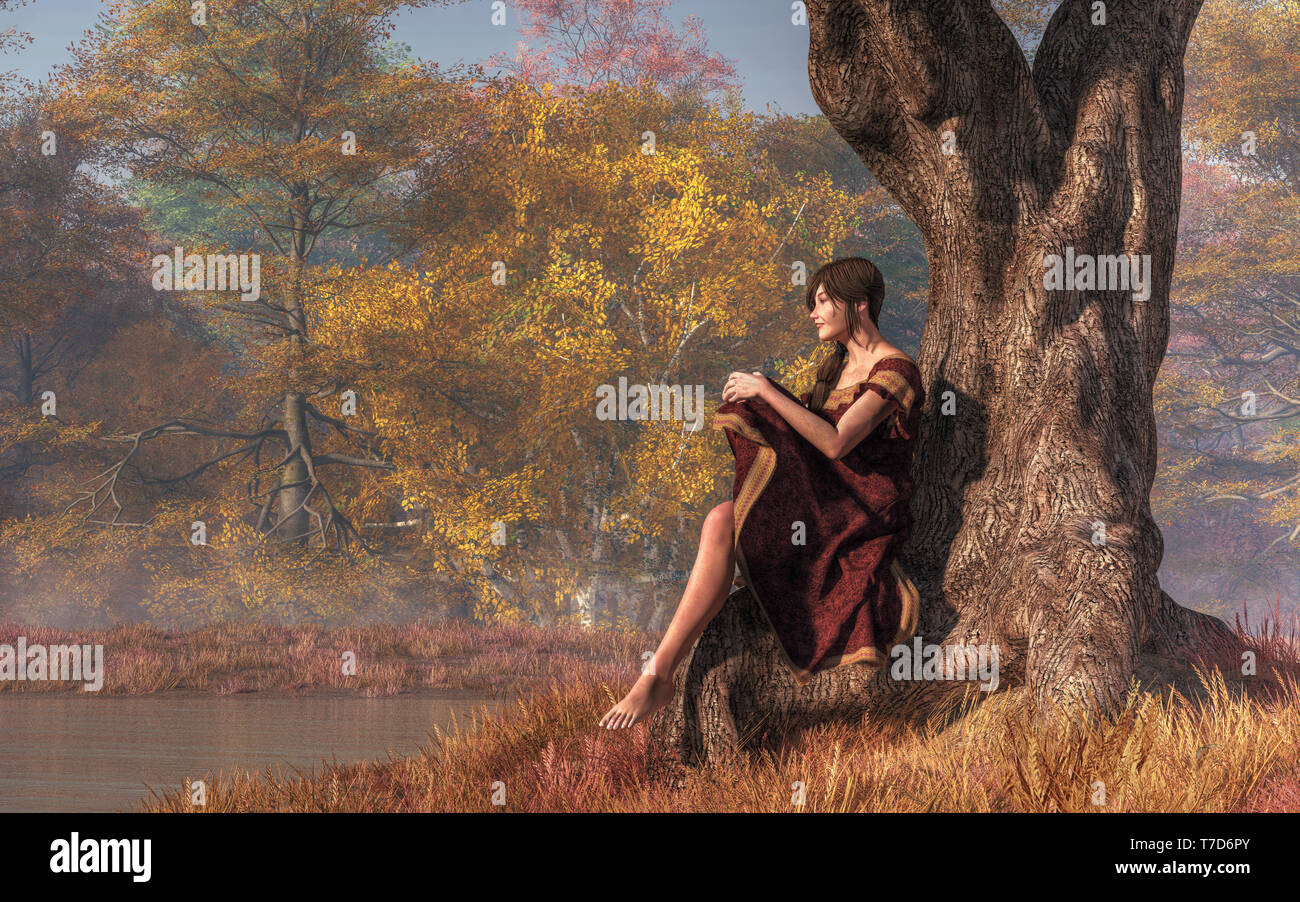 Im Herbst, eine braunhaarige Frau in einem roten Samt Kleid mit gold Verkleidung sitzt am Stamm eines verdrehten alten Eiche und blickt über einen noch Teich Stockfoto