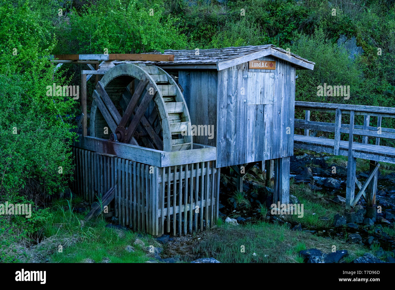 Altes Wasserrad, Lund, Sunshine Coast, British Columbia, Kanada Stockfoto