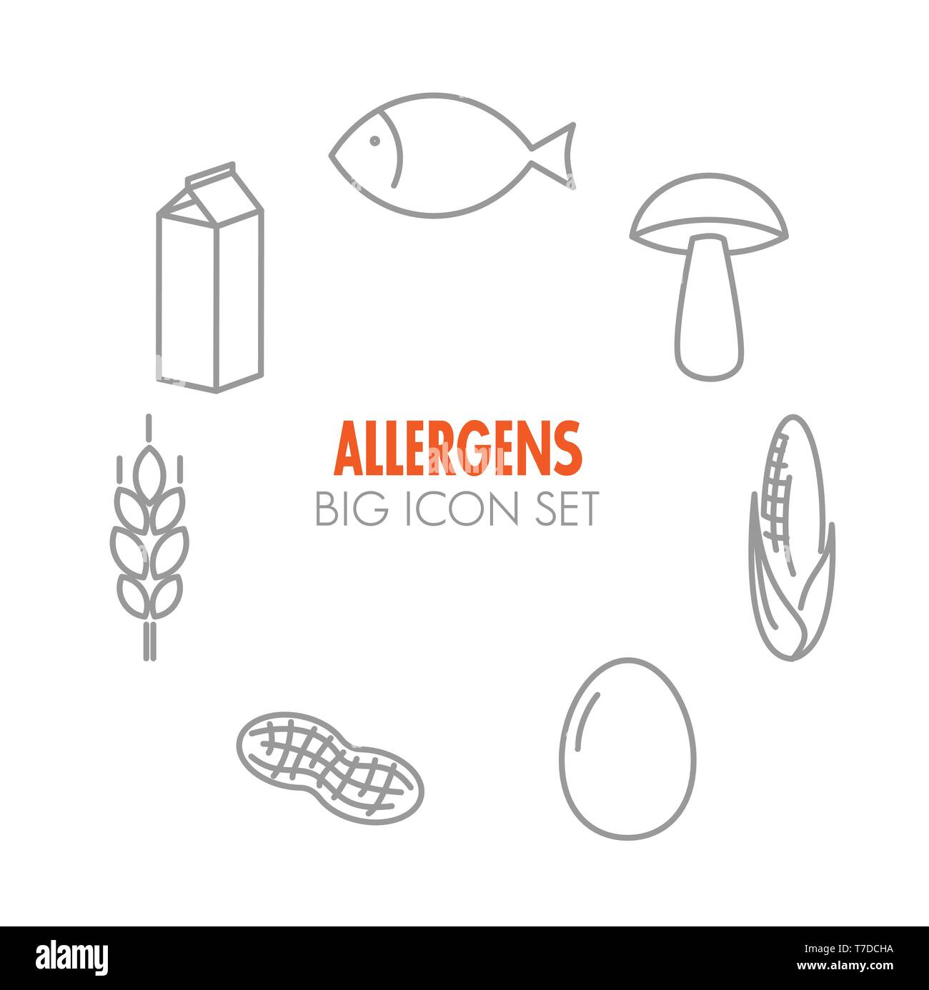 Vector Icons Set für Allergene (Milch, Fisch, Ei, Gluten, Weizen, Mutter,  Laktose, Mais, Pilze Stock-Vektorgrafik - Alamy