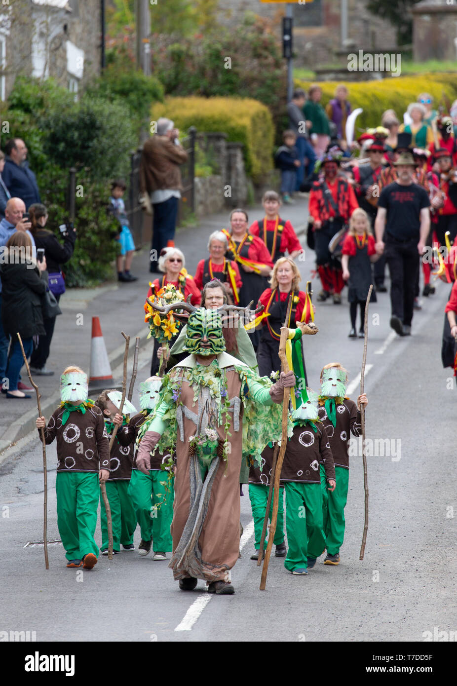 The Green Man Festival 2019, im Dorf Clun inn Shropshire England statt. Das Festival hat sich heidnische Ursprünge im Zusammenhang mit dem Wechsel der Jahreszeiten. Stockfoto