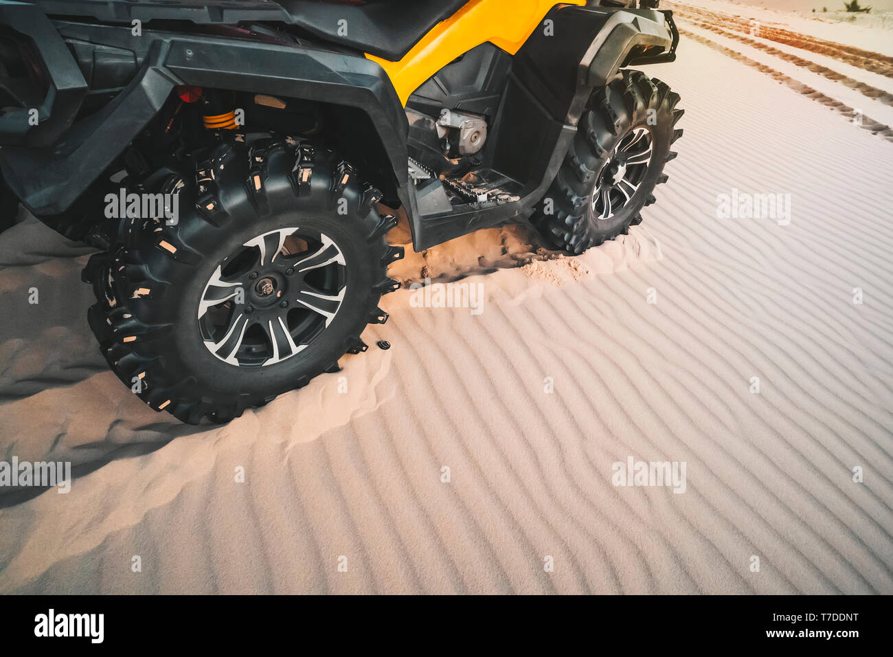 Off-road ATV Rad hautnah. Touristische auf dem Quad Radtouren durch die sandige Wüste. kopieren. Extremer Spaß in der Wüste von Mui Ne. Vietnam. Stockfoto