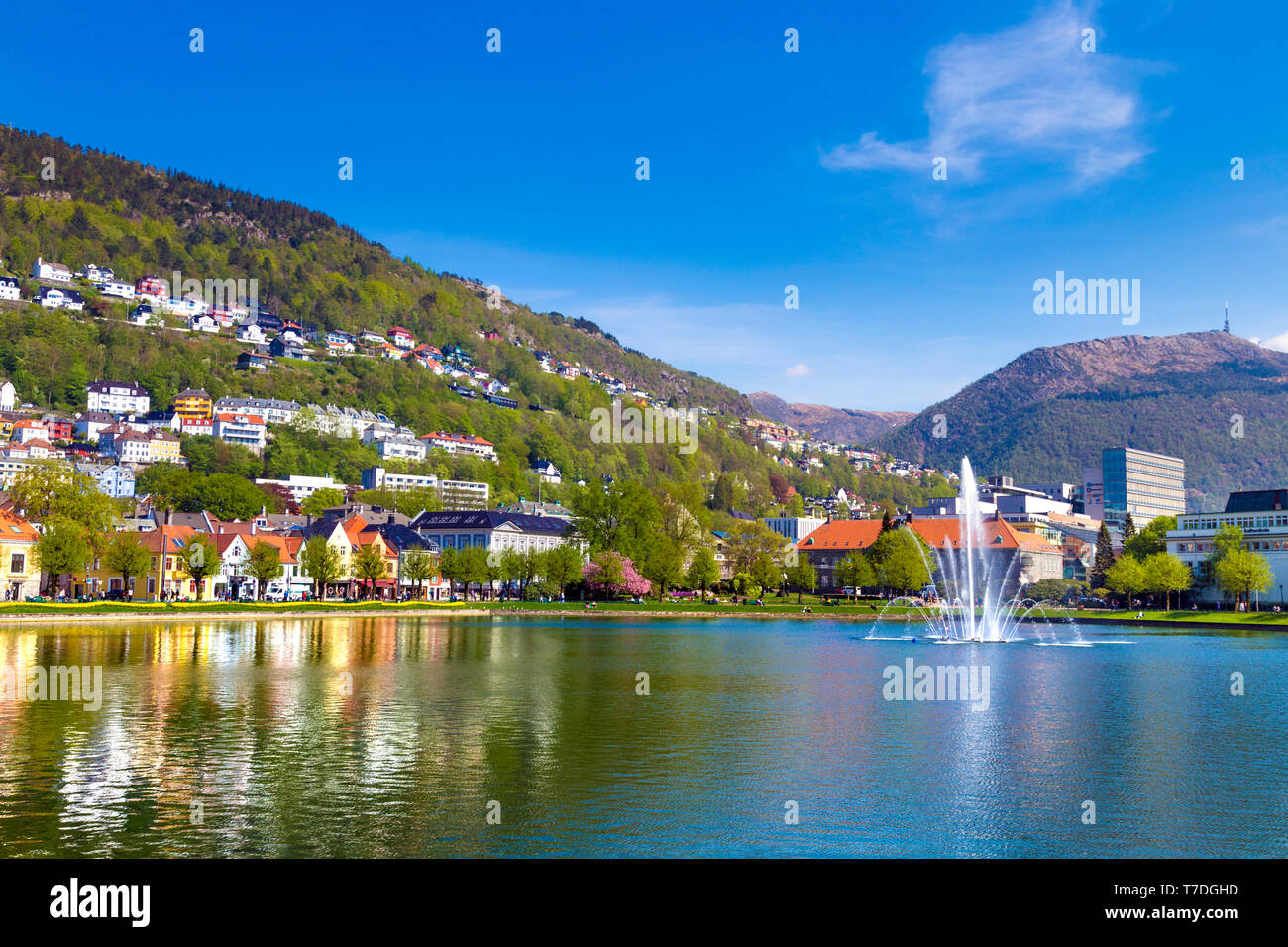 Brunnen in der Mitte von Lille Lungegårdsvannet am Frühling Zeit in Bergen, Norwegen Stockfoto