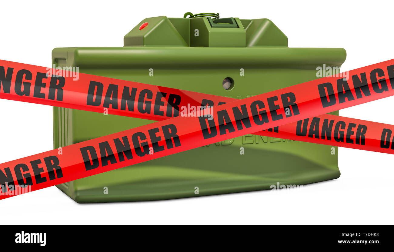 Gefahr Vorsicht barrier Tapes mit Antipersonenminen, 3D-Rendering auf weißem Hintergrund Stockfoto
