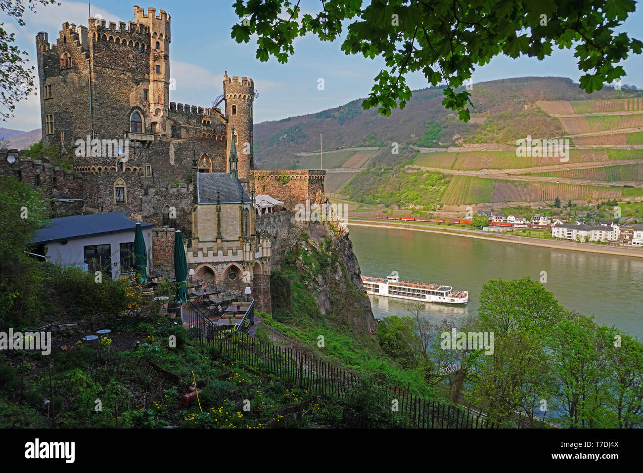 Viking Cruise Lines lange Boot Kreuzfahrt Schiff Baldur vorbei an Burg Rheinstein am Rhein, Deutschland. Stockfoto