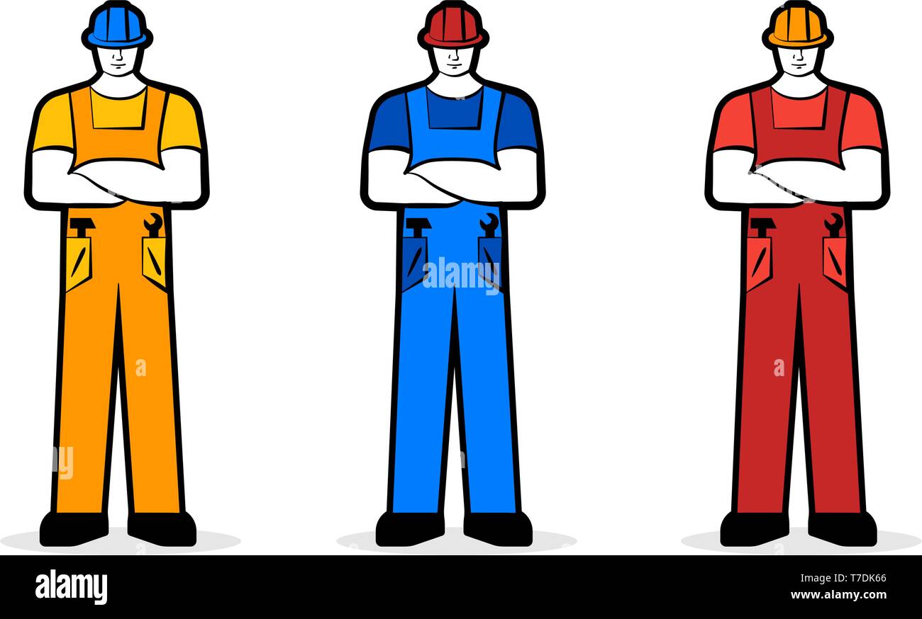 Männliche Arbeiter oder Builder in Arbeitskleidung und Bau Helm. Arbeitskonzept. Vector Abbildung Stock Vektor