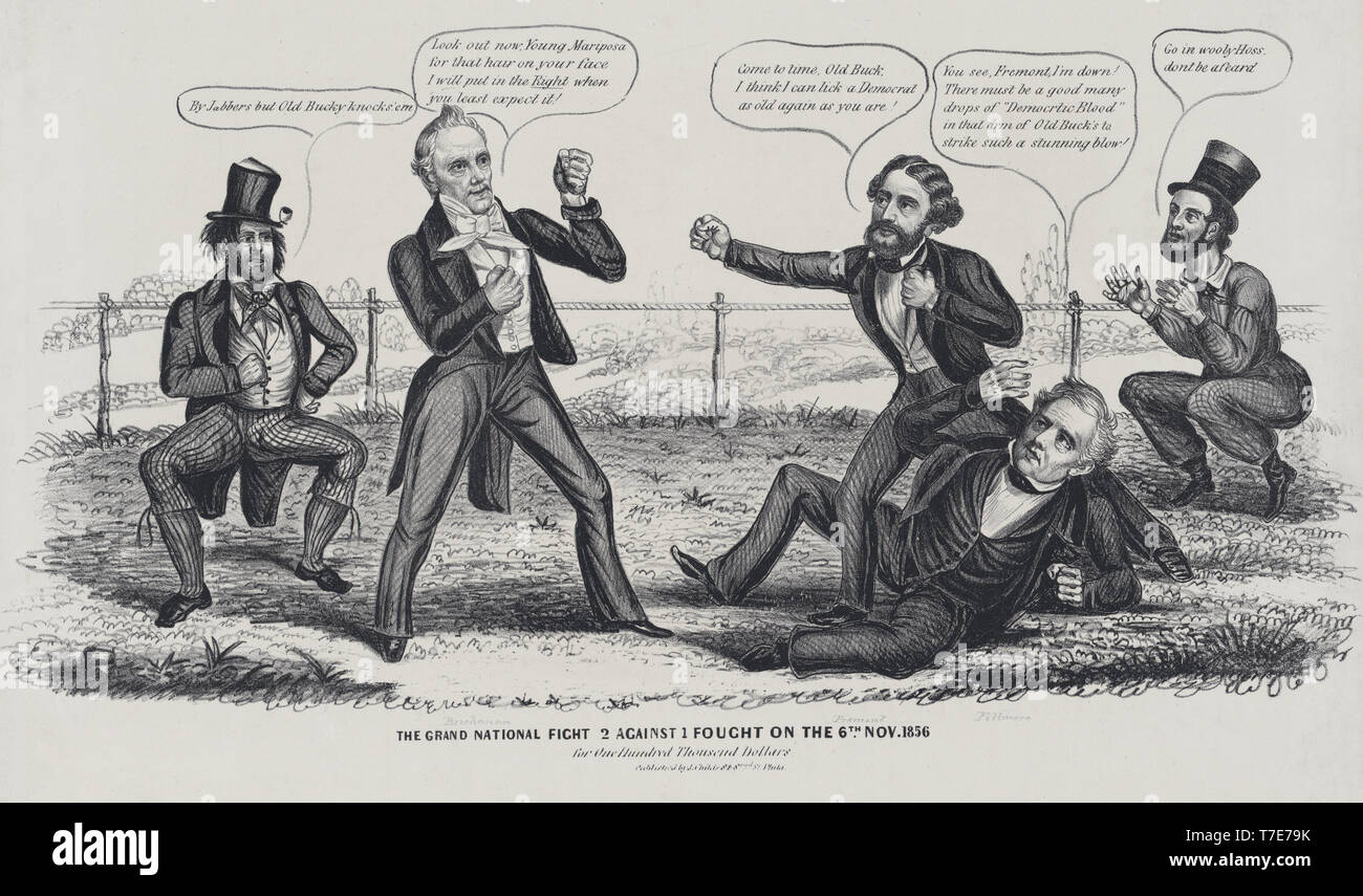 Der Grand National Kampf 2 gegen 1 kämpfte auf der am 6. November 1856 Für hundert tausend Dollar, Politische Karikatur, J. Childs, Philadelphia, Pennsylvania, 1856 Stockfoto