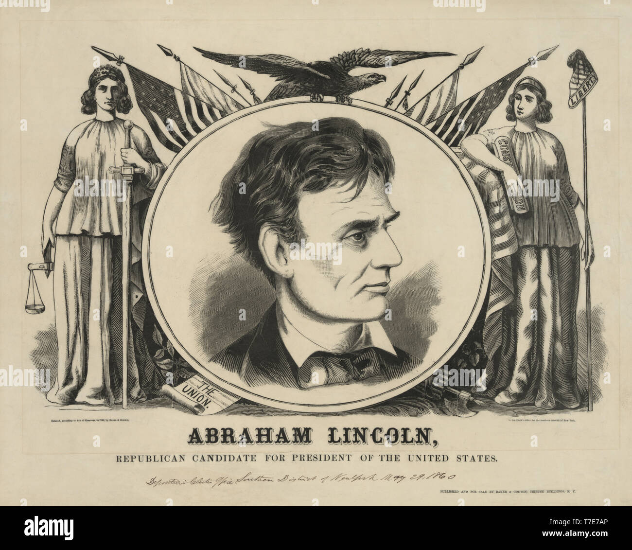Abraham Lincoln, der republikanische Kandidat für den Präsidenten der Vereinigten Staaten, Kampagne, Banner, Veröffentlicht durch Baker & Godwin, 1860 Stockfoto