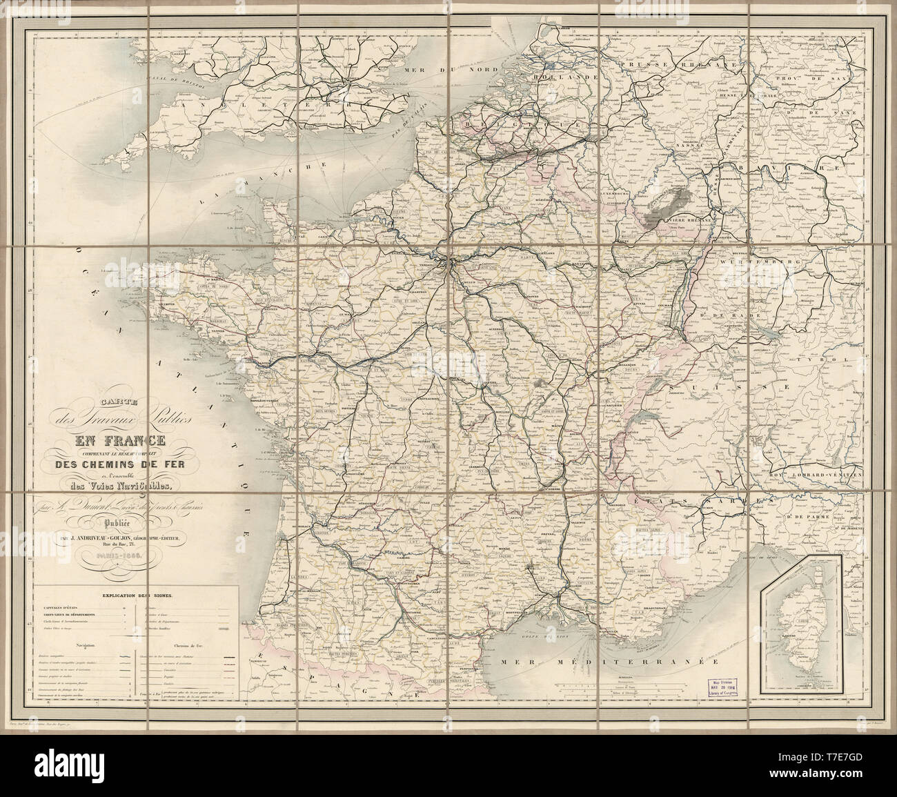 Karte von öffentlichen Arbeiten in Frankreich einschließlich der kompletten Netz von Eisenbahnen in allen Wasserstraßen, von J. Andriveau-Goujon, 1856 veröffentlicht. Stockfoto