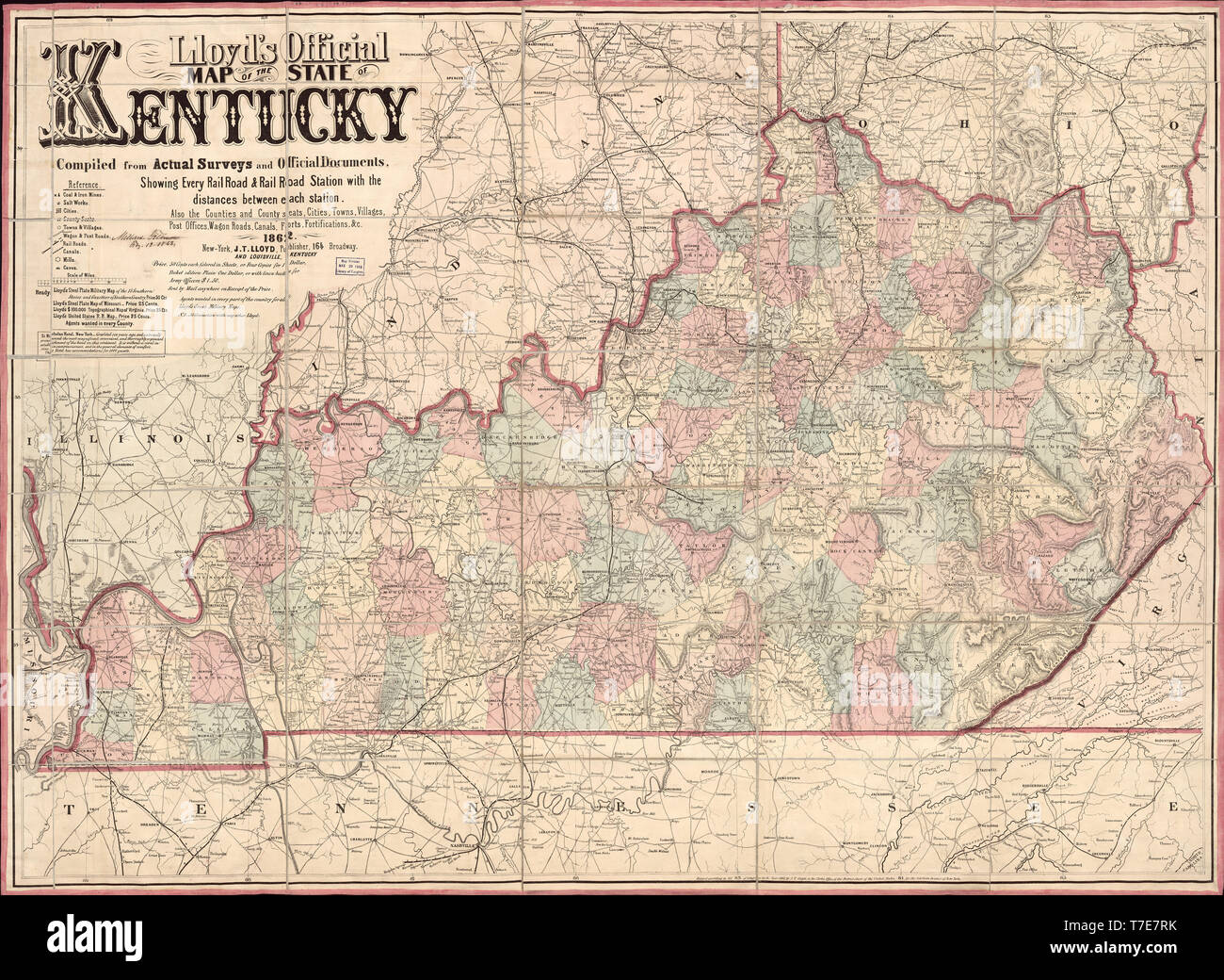 Lloyd's offizielle Karte des Staates Kentucky, von James T. Lloyd, New York, 1862 veröffentlicht. Stockfoto