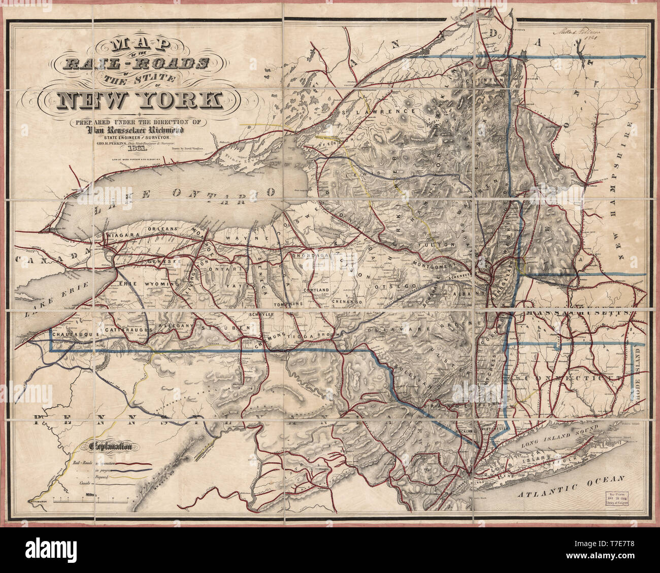 Karte der Rail-Roads des Staates New York, zubereitet unter der Leitung von Van Rensselaer Richmond, Ingenieur und Landvermesser, gezeichnet von David Vaughan, Lithographie von Unkraut, Parsons und Co., Albany, N.Y., 1861 Stockfoto