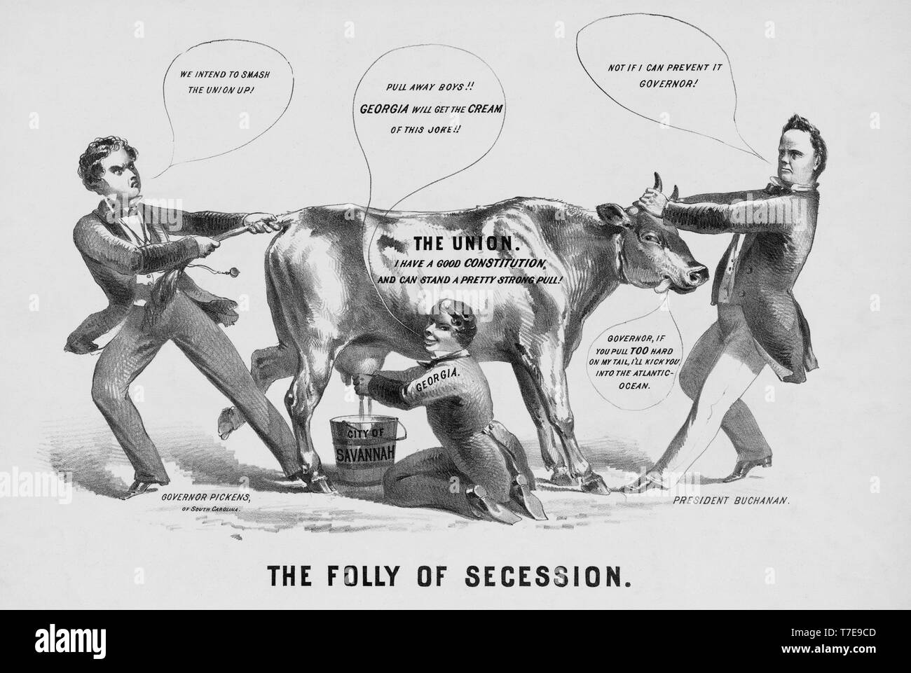Die Torheit der Secession, Politische Karikatur mit US-Präsident James Buchanan und South Carolina Gouverneur Francis W. Pickens, Currier & Ives, 1861 Stockfoto