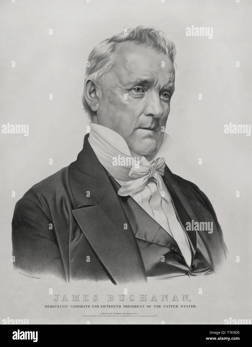 James Buchanan, der demokratische Kandidat für 15. Präsident der Vereinigten Staaten, Lithographie & durch Nathaniel Currier, 1856 veröffentlicht. Stockfoto