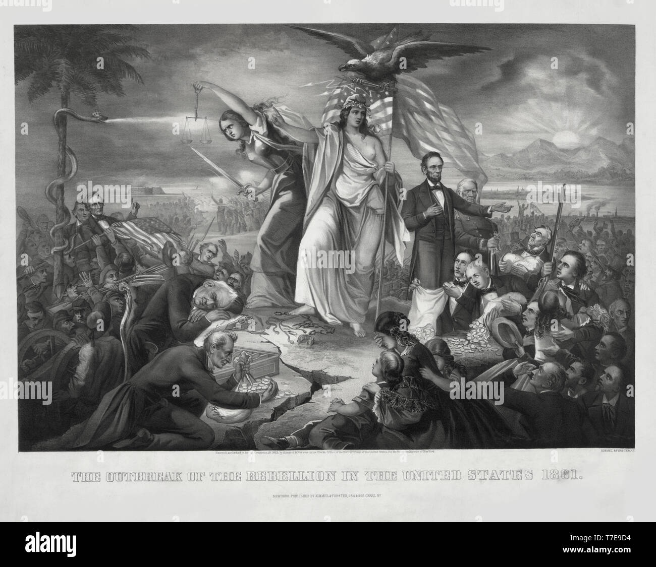 Der Ausbruch der Rebellion der Vereinigten Staaten 1861, Lithographie, Kimmel & Forster, 1865 veröffentlicht. Stockfoto