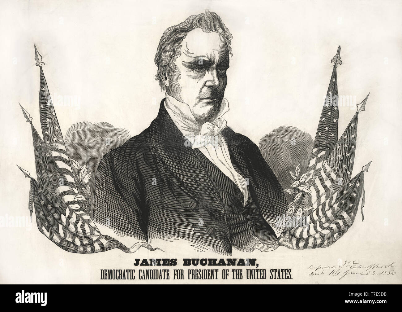 James Buchanan, der demokratische Kandidat für das Amt des Präsidenten der Vereinigten Staaten, ein Beweis für die Kampagne Banner, durch Baker & Godwin, 1856 veröffentlicht. Stockfoto